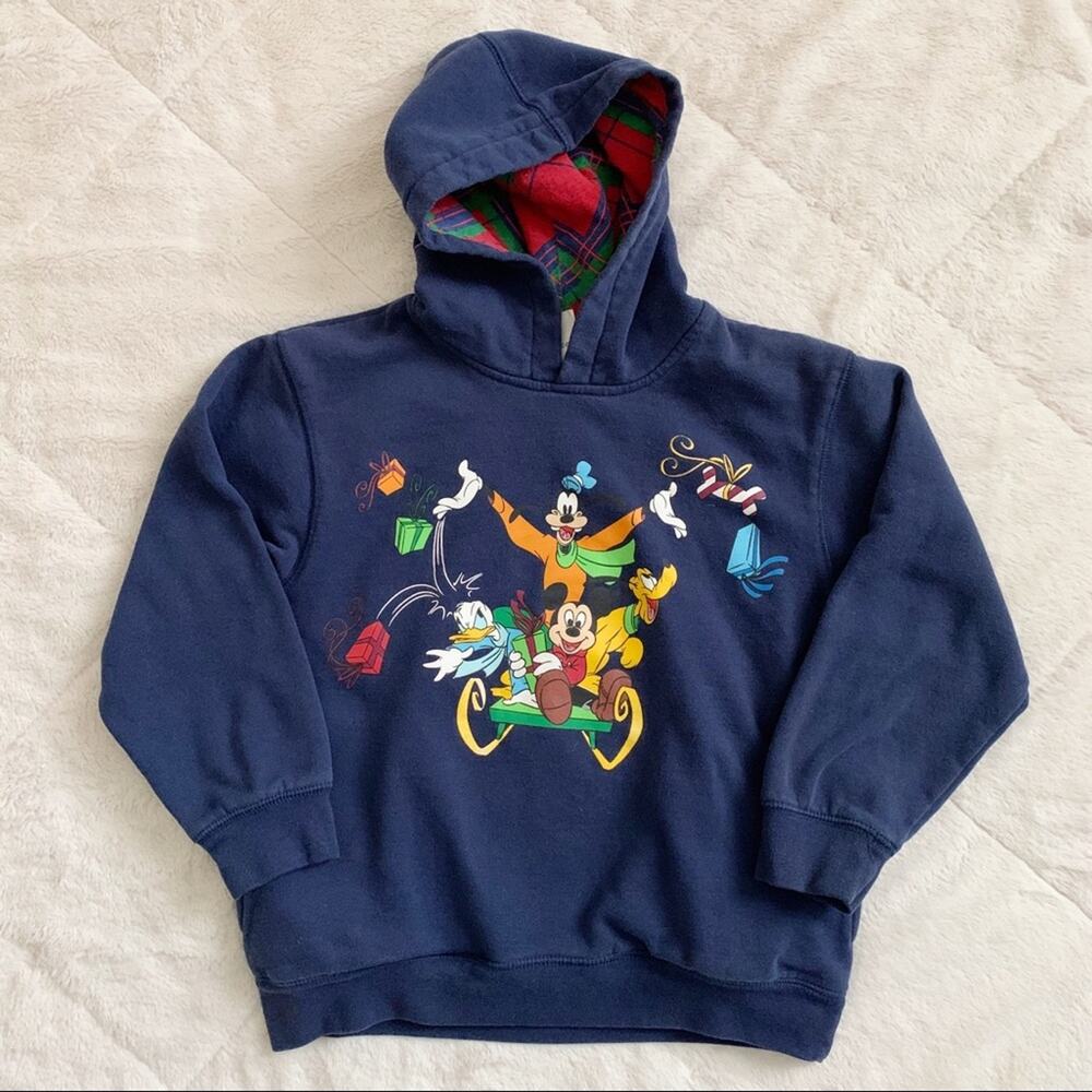 DISNEY / navy blue Mickey Mouse Goofy hooded sweatshirt / M
